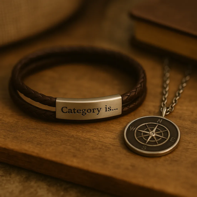 A leather bracelet engraved with the words "Category is..." and a compass pendant